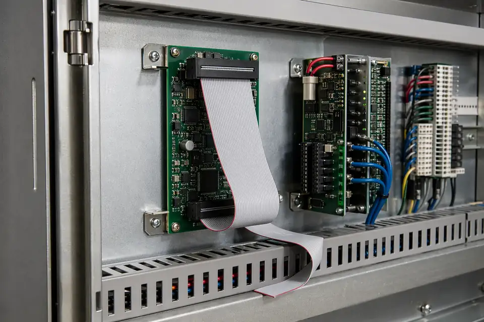 IDC installed-fit or route-review scene inside a cabinet, rack, or control module