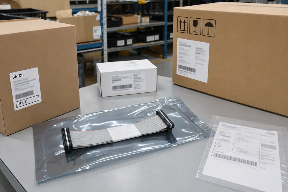 IDC batch label or shipment-side record context with the harness still visible