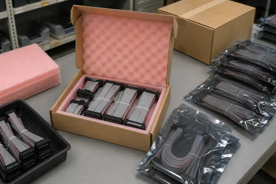IDC cable assemblies packed in anti-static protective packaging with labels and shipment-preparation context