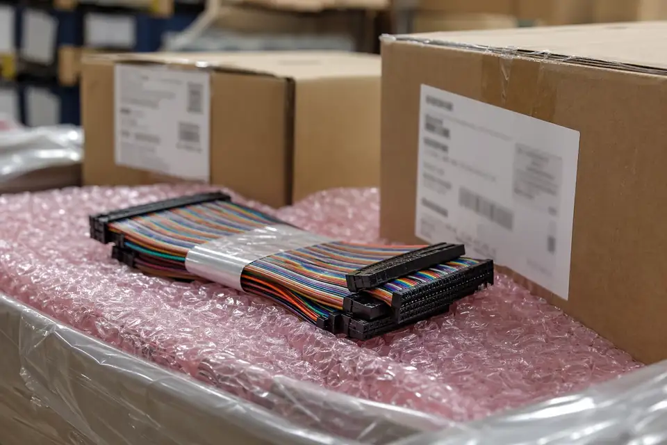 IDC carton marks, batch labels, or packing-label detail with protected harnesses nearby