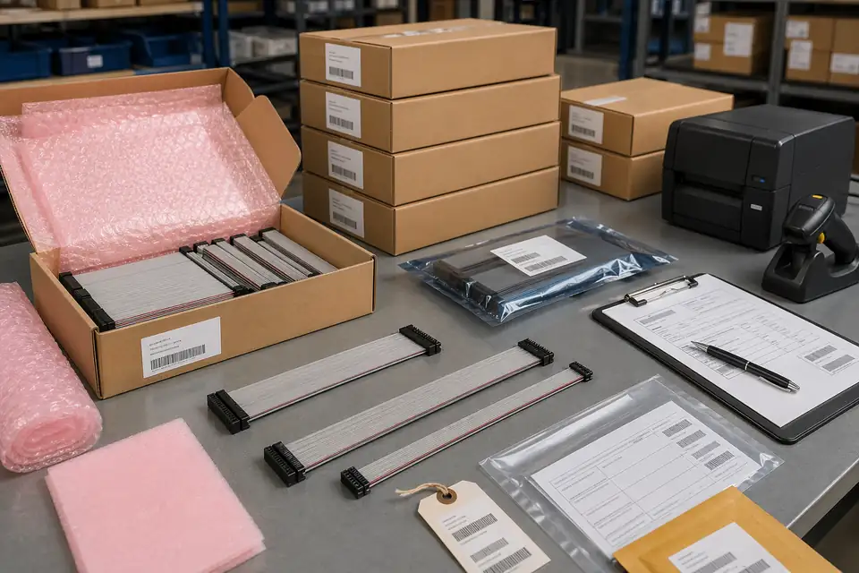 IDC courier or outgoing-delivery support scene with protected packing and traceable batch identification