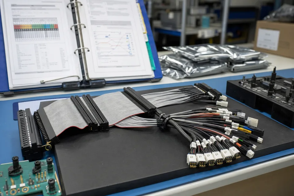Custom IDC pin-mapping controlled-record scene with harness sample foreground and documents kept secondary