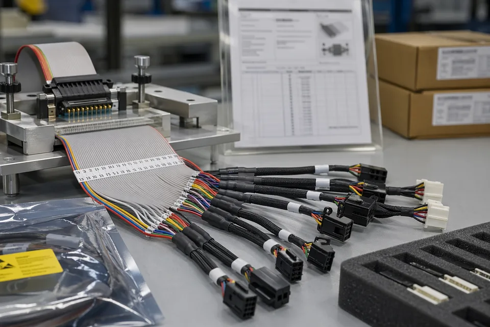 Custom IDC traceability record scene linking pin-mapping sample, batch card, and connector lot context