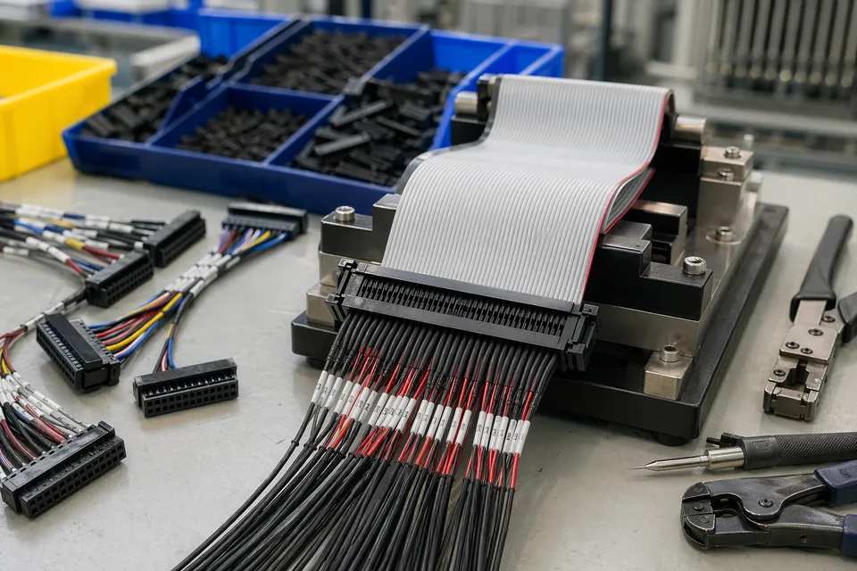 Custom pin-mapping IDC production station with breakout leads, pinout fixtures, and organized connector trays