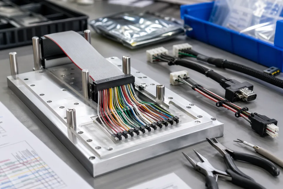 Custom IDC wire-map preparation workstation with color-coded breakout leads and routing jig detail