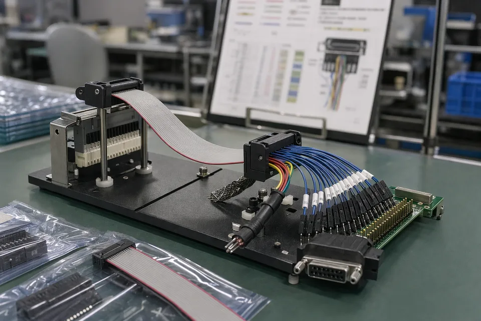 Custom IDC adapter harness assembly scene with pinout checklist kept secondary and harness sample foreground