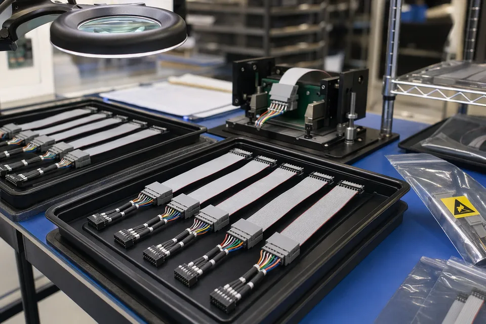Small-batch custom pin-mapping IDC production cell with varied harnesses staged in anti-static trays