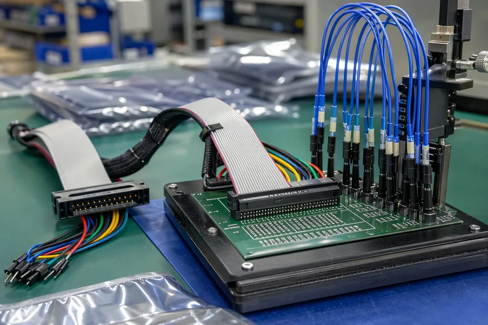 Custom IDC pin-map continuity test fixture with breakout leads connected to a verification board