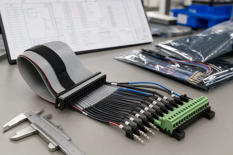 Custom pin-mapping IDC engineering review bench with harness sample and controlled document context