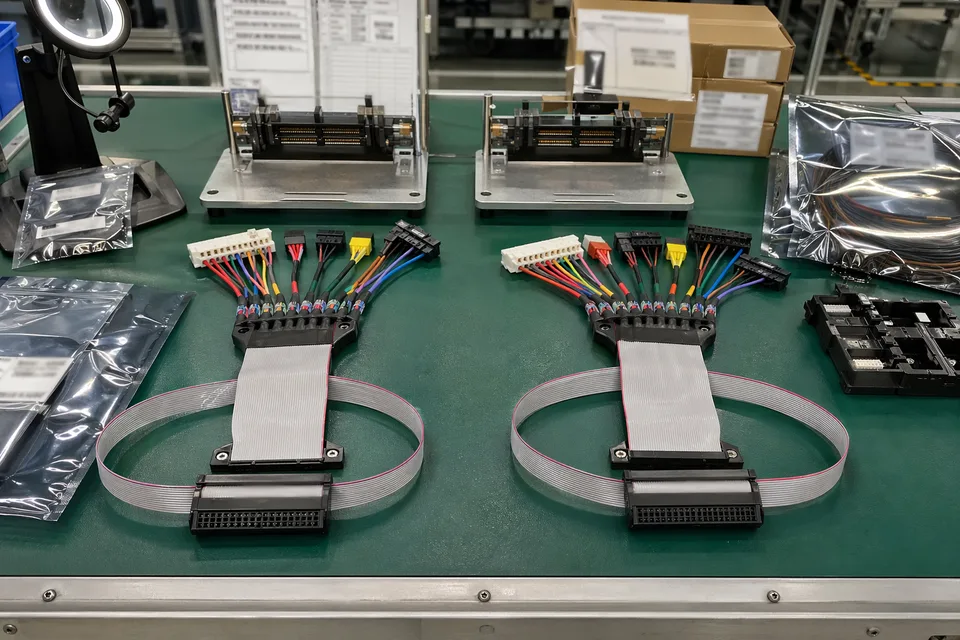 Custom IDC revision comparison scene with two pin-mapping samples and connector orientation checks