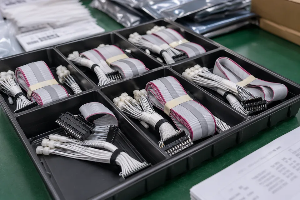 Mixed custom IDC wire-map harnesses prepared in compartment trays with protected connector ends