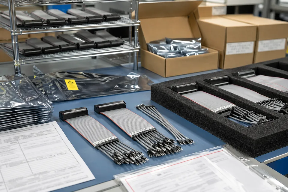 Custom pin-mapping IDC harness carton packing scene with ESD bags, foam, and organized small boxes