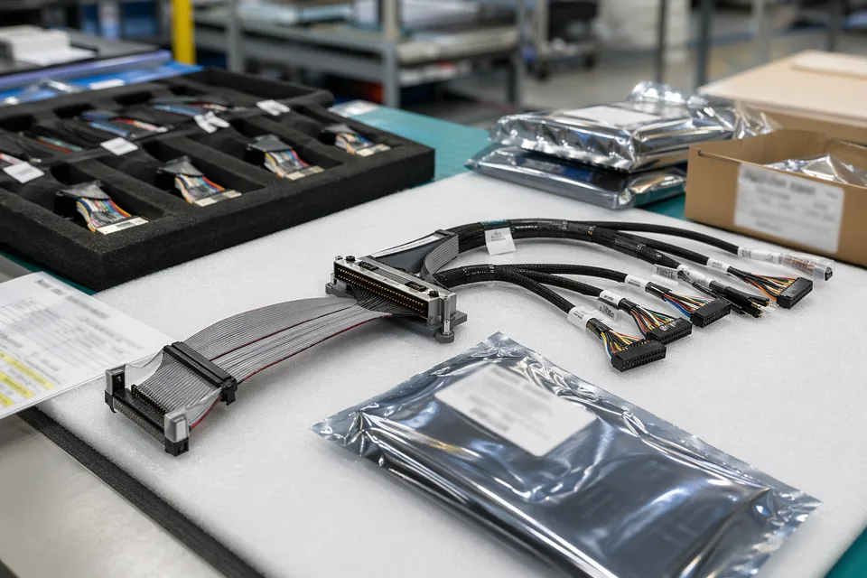 Outgoing custom IDC adapter harness shipment with protected connectors and traceability cards kept secondary