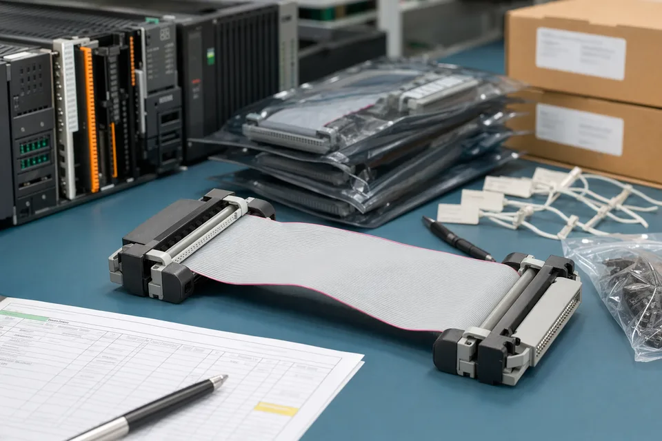 Industrial-control IDC batch record scene with harness sample and connector lot traceability context