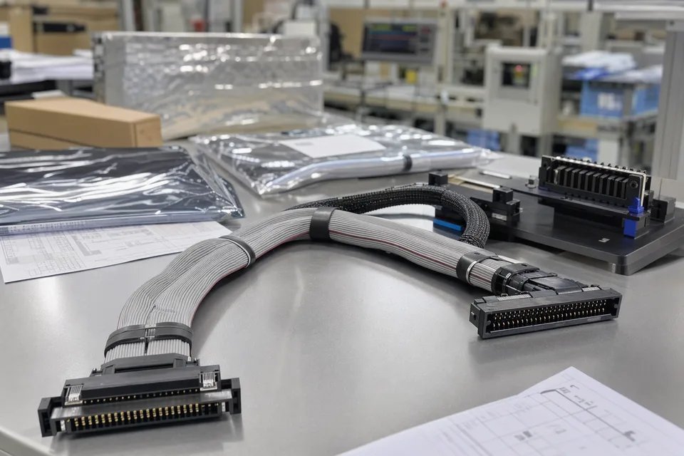 PLC IDC cable controlled-release file with ribbon harness foreground and documents kept secondary