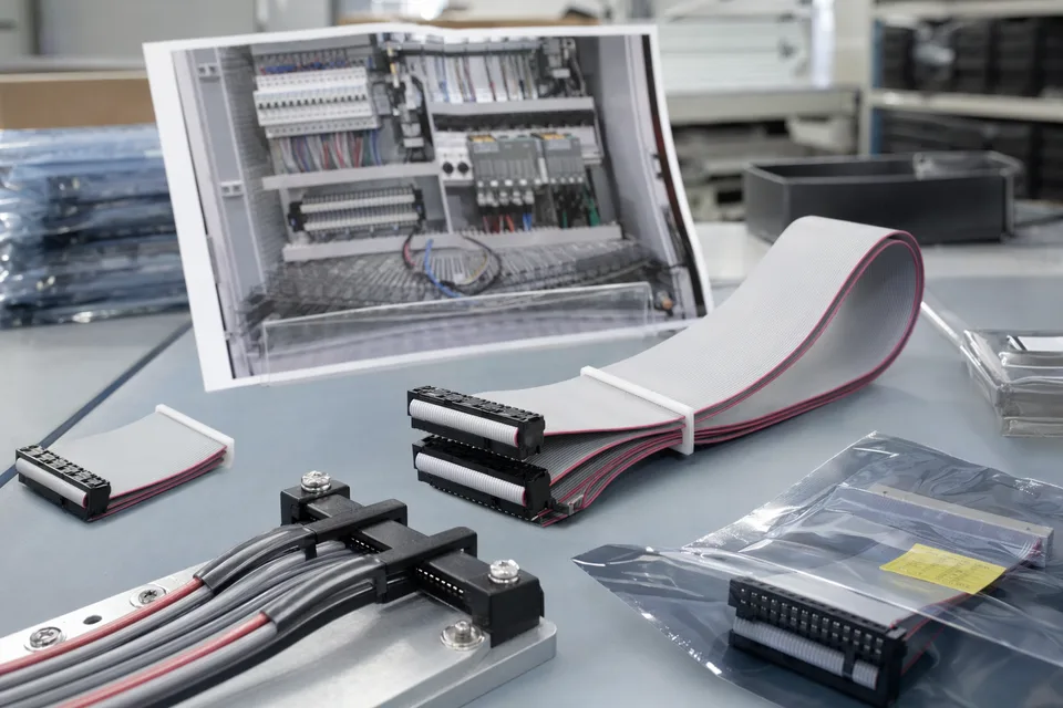 Industrial-control IDC sample approval archive with cabinet-fit support material and harness sample