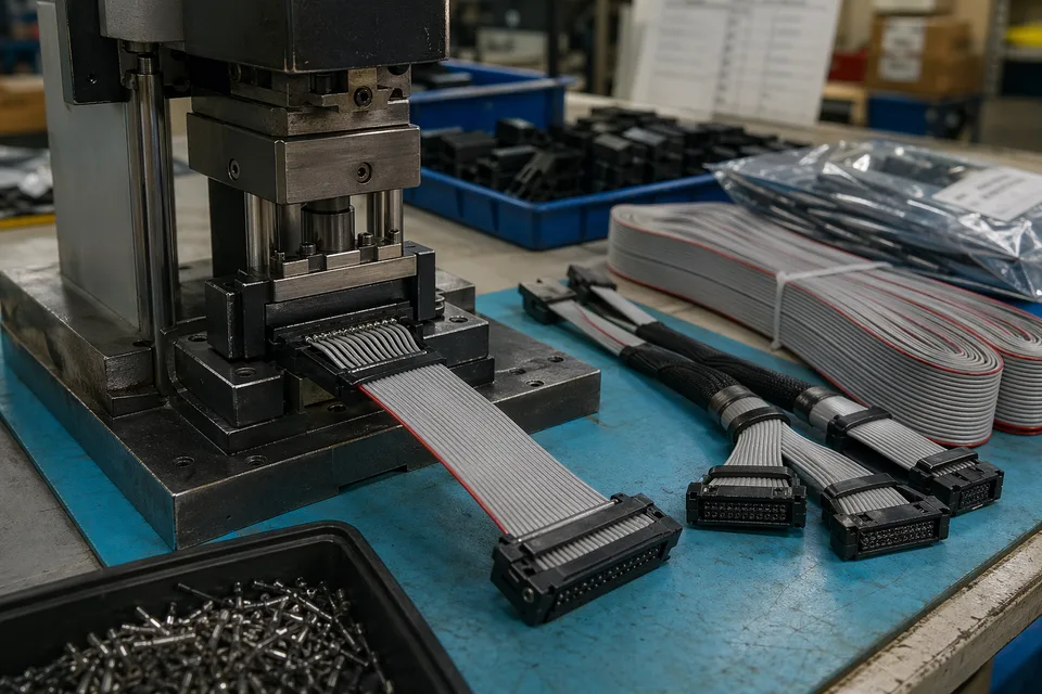 Industrial IDC ribbon pressing station with rugged connector housings and organized batch preparation