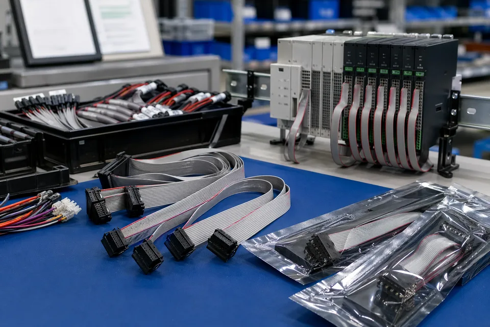 Control-panel IDC harness kitting bench with DIN-rail module mockups and anti-static trays