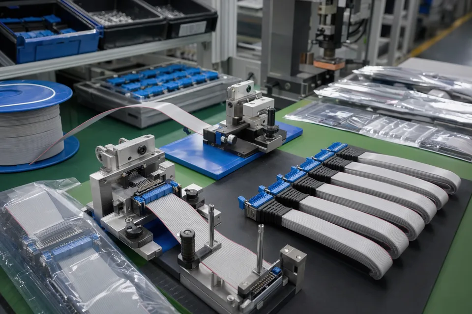 Industrial-control IDC batch production cell with fixture alignment, connector prep, and cable forming