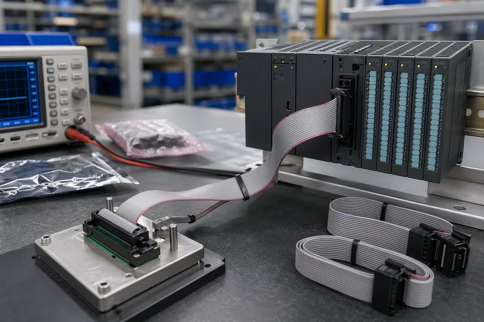 Industrial-control IDC continuity and fit-check bench with PLC-style module mockup and ribbon harness foreground