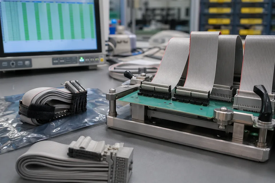 Industrial IDC quality verification fixture with test board, ribbon connectors, and measurement context