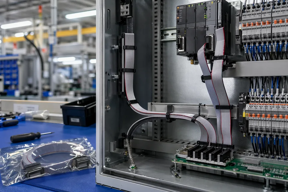 Industrial-control IDC engineering review inside a cabinet mockup with route path and service clearance visible