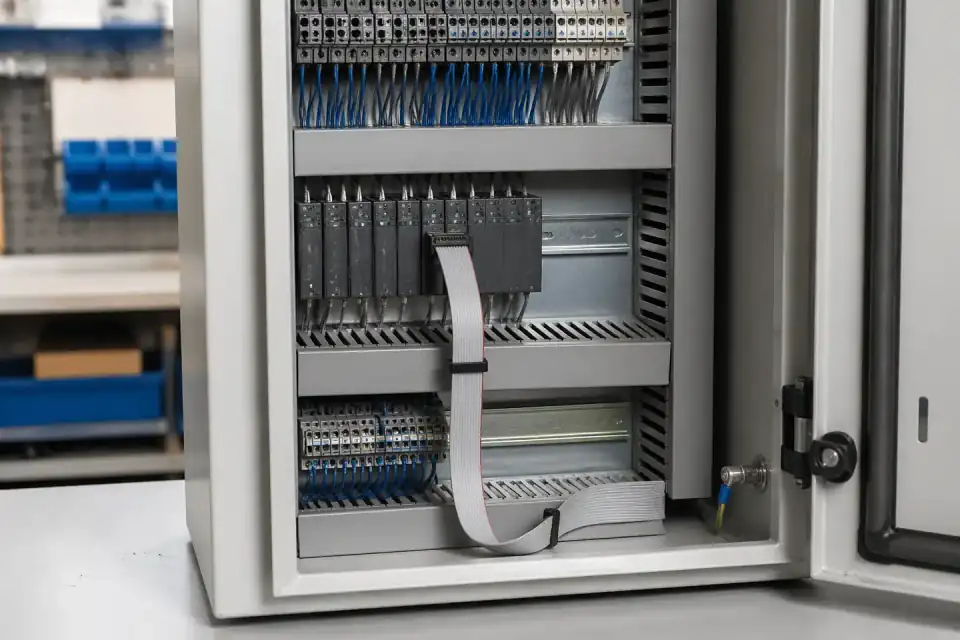 IDC ribbon assembly in industrial control cabinet routing context