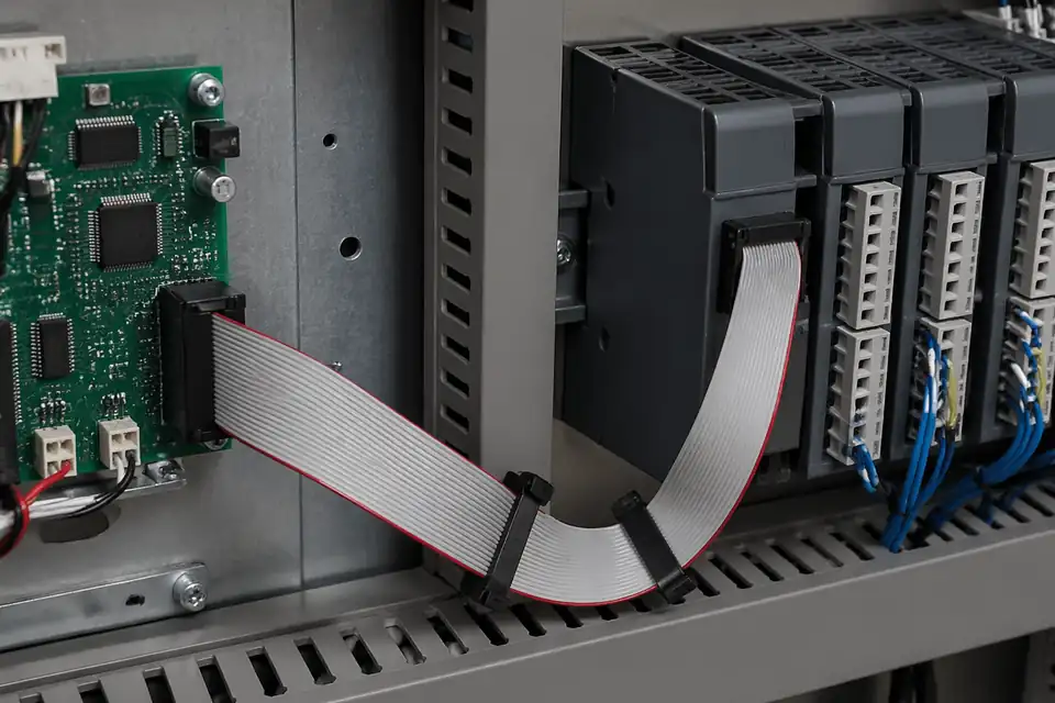 IDC assembly connecting a control board to I/O modules inside an industrial cabinet