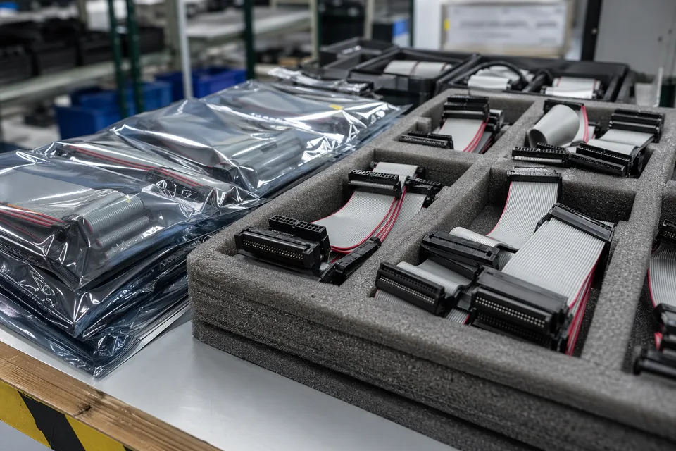 Industrial-control IDC harness batches packed in anti-static bags and foam trays for panel assembly delivery