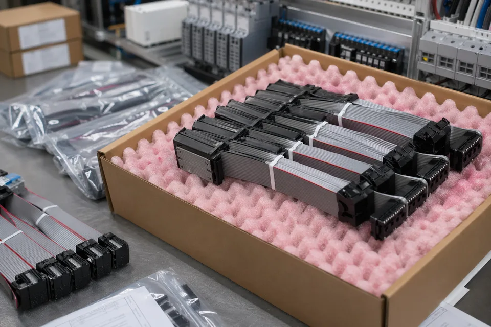 PLC IDC cable carton staging with protected ribbon cables, rugged connector ends, and blurred shipping marks