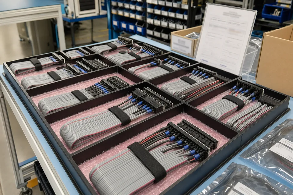 Industrial IDC harness sets kitted by cabinet section with trays, labels, and anti-static protection