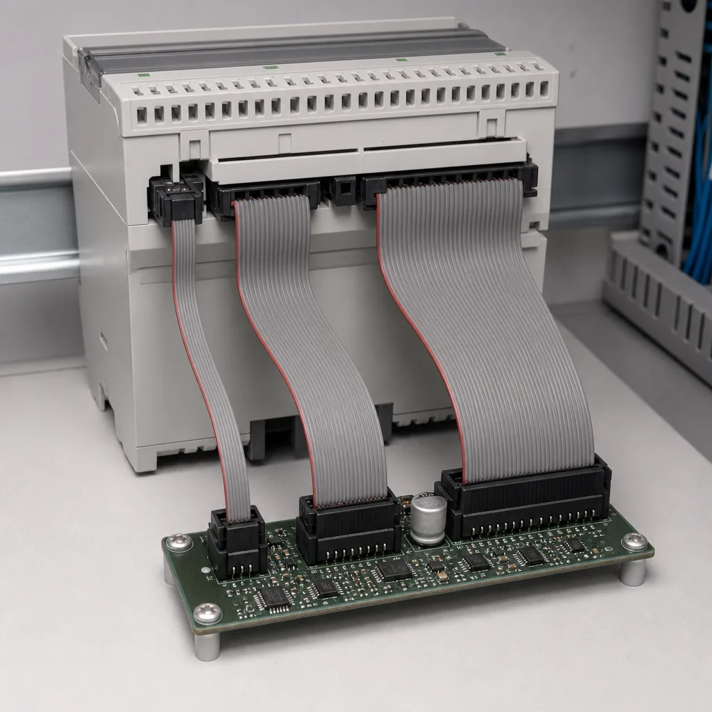 IDC pitch options installed-fit comparison with three ribbon cable connector formats routed to board headers in a control module mockup