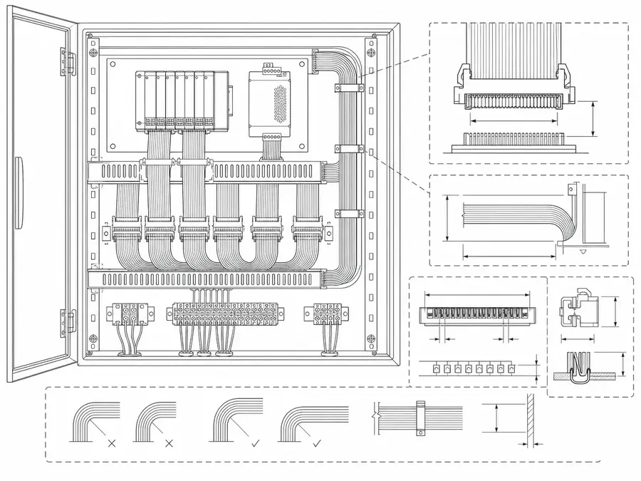 Industrial-control IDC wiring line-art with maintainable ribbon routes inside a cabinet and pitch selection