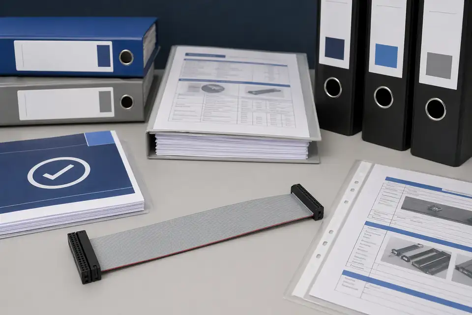 Ribbon IDC quality-system file or compliance-document scene with certificate material kept secondary to the harness sample