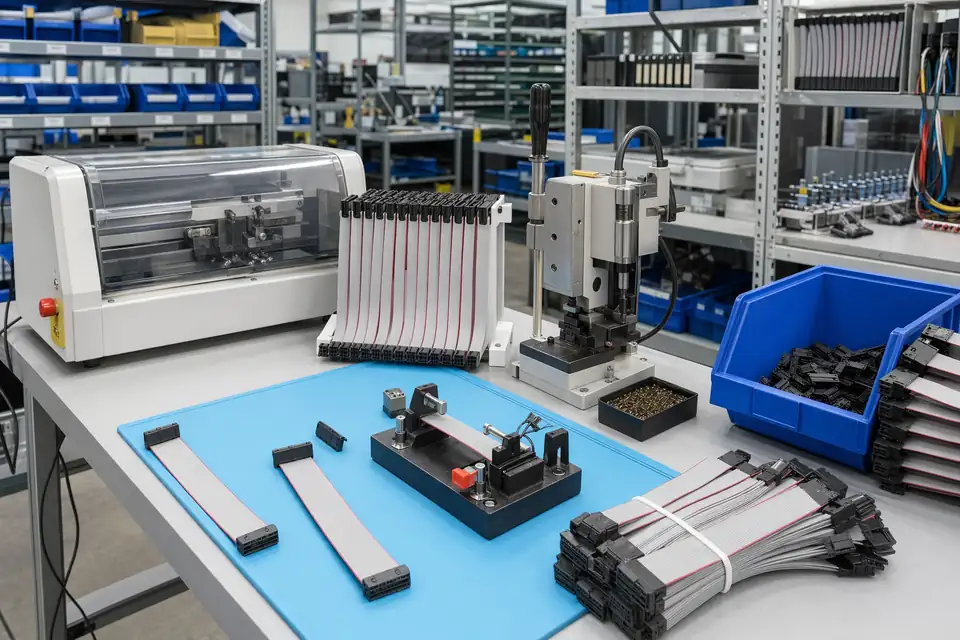 Ribbon IDC cable assembly workstation with standard flat-cable builds, organized fixtures, and batch-ready production support