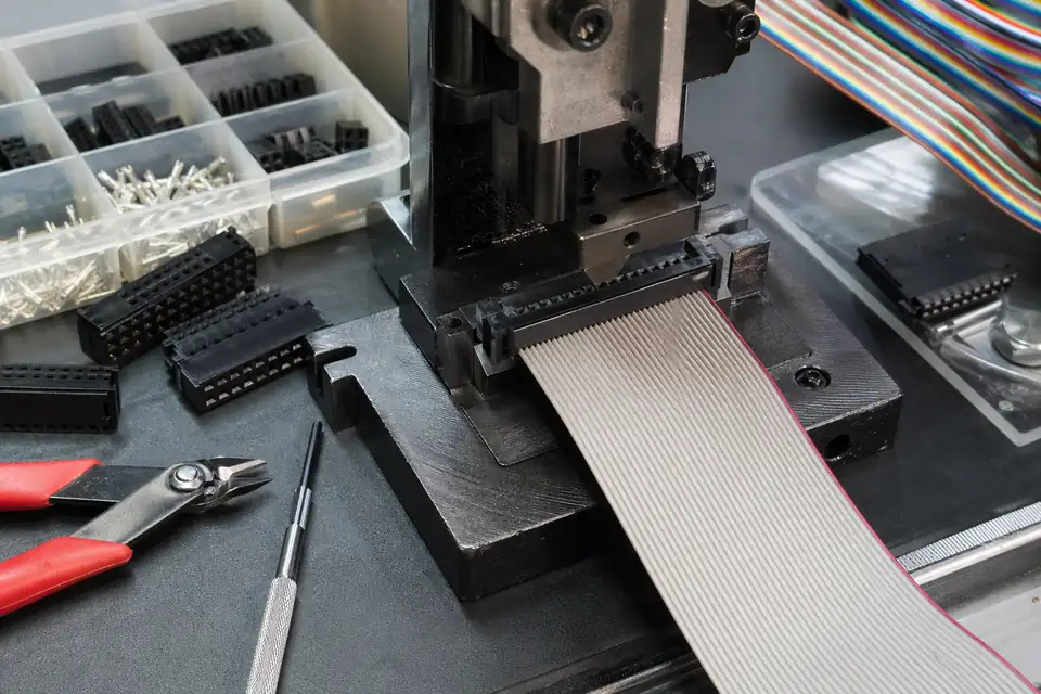 Ribbon IDC termination or pressing station with flat-cable alignment and connector preparation detail