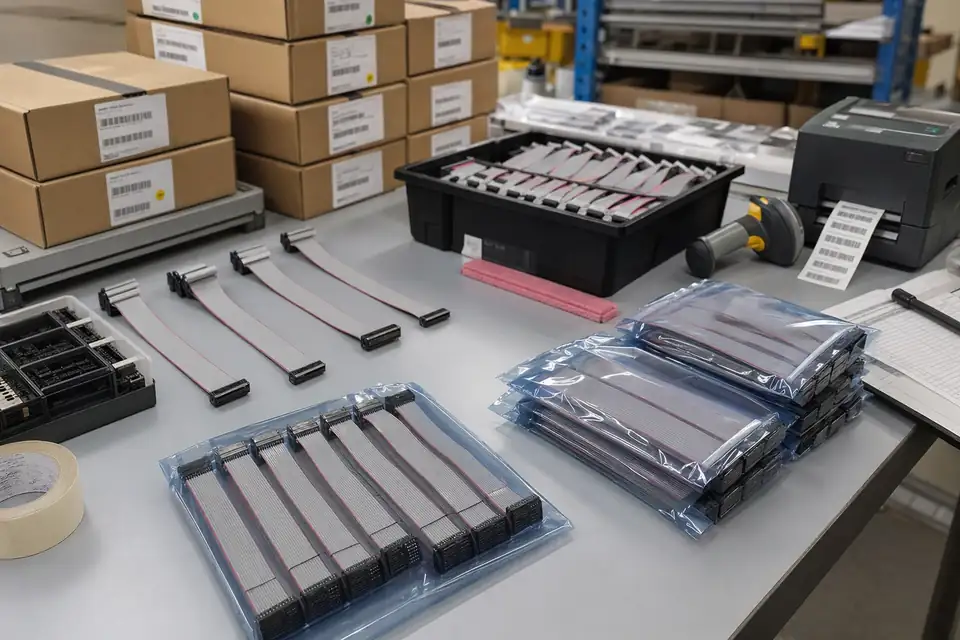 Ribbon IDC production-support scene showing assembly, batch execution, and traceable delivery preparation together