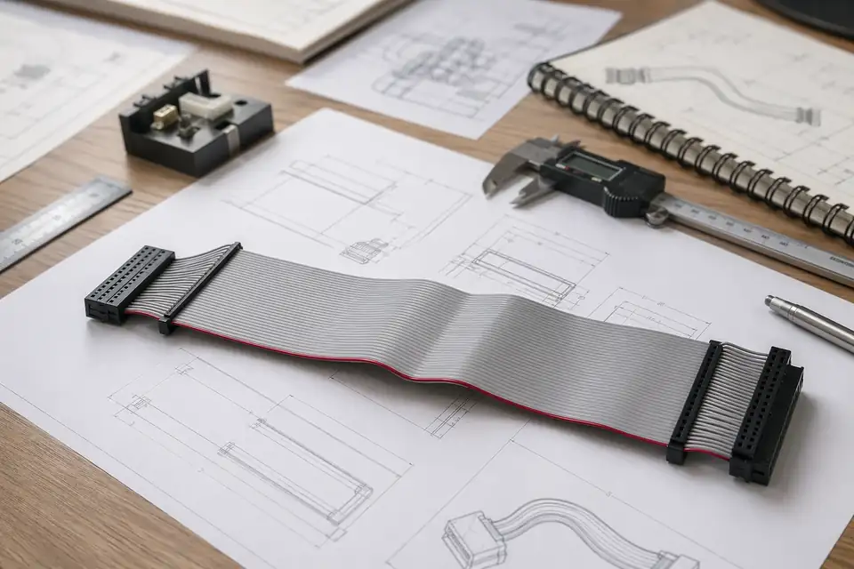 Ribbon IDC engineering drawing or route-definition review with harness sample kept visible and document text kept secondary
