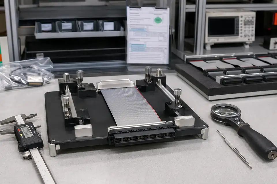 Ribbon IDC sample approval or inspection verification scene with fixture, sample, and key check context