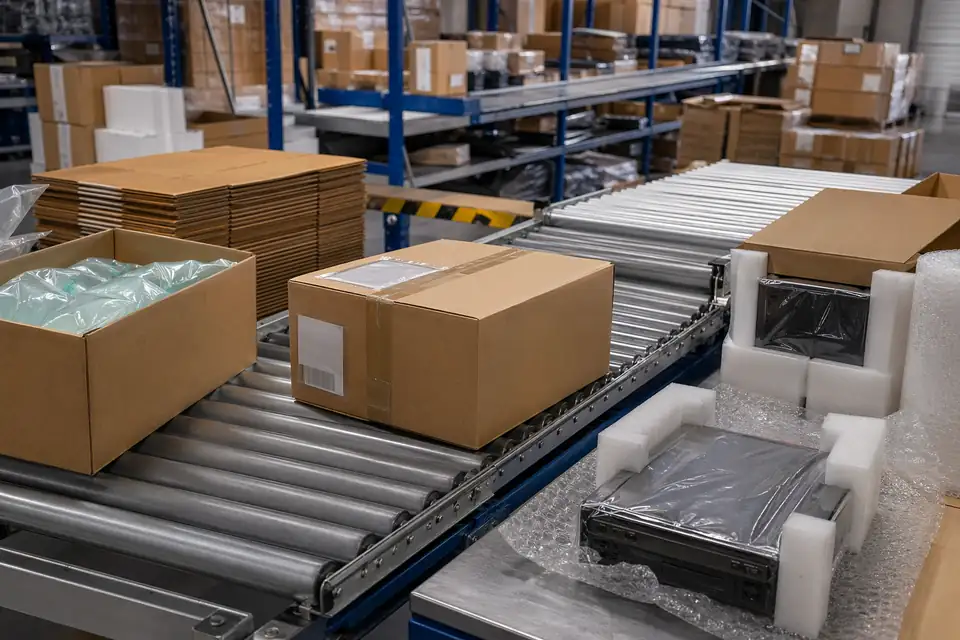Ribbon IDC international courier or shipment handoff scene with cartons and protected packaging visible