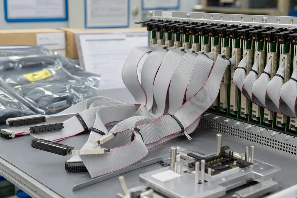 Telecom IDC interconnect release-record scene with rack-module harness sample and document sleeves secondary