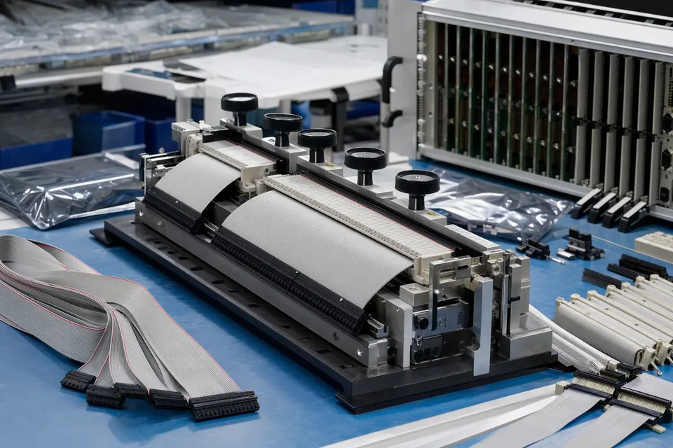 Telecom IDC interconnect production bench with backplane-style fixtures and rack-card cable samples