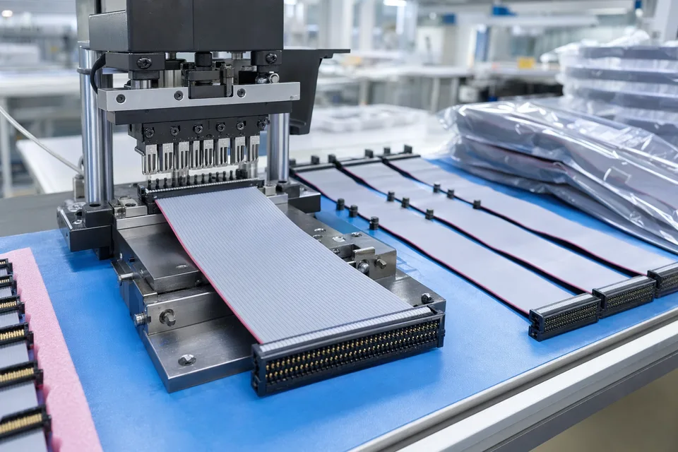 Telecom IDC pressing and connector-alignment station with ribbon cables staged in parallel