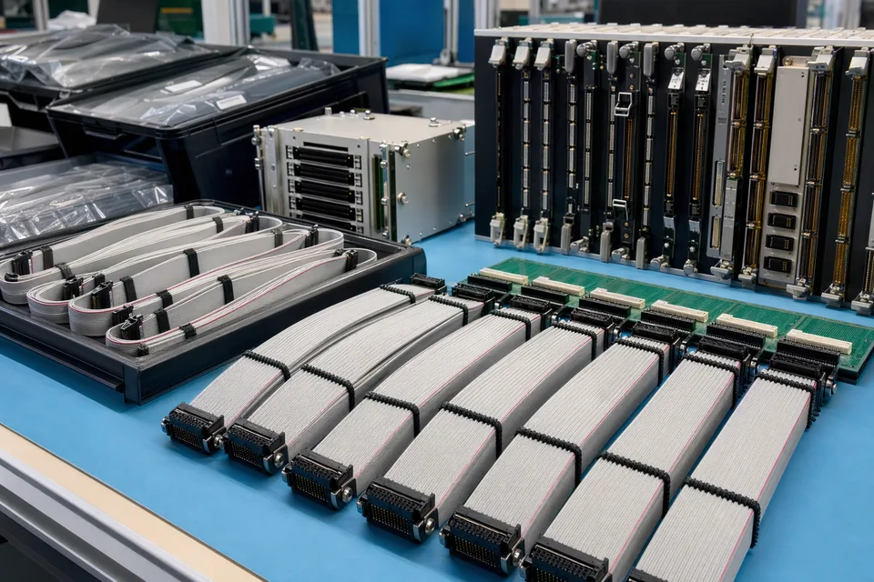 Telecom module cable kitting workstation with IDC assemblies, rack-card mockups, and anti-static trays
