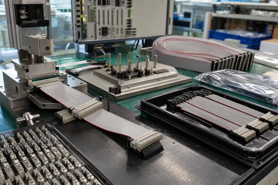 Telecom IDC batch production scene with flat-cable forming, connector prep, and tray staging