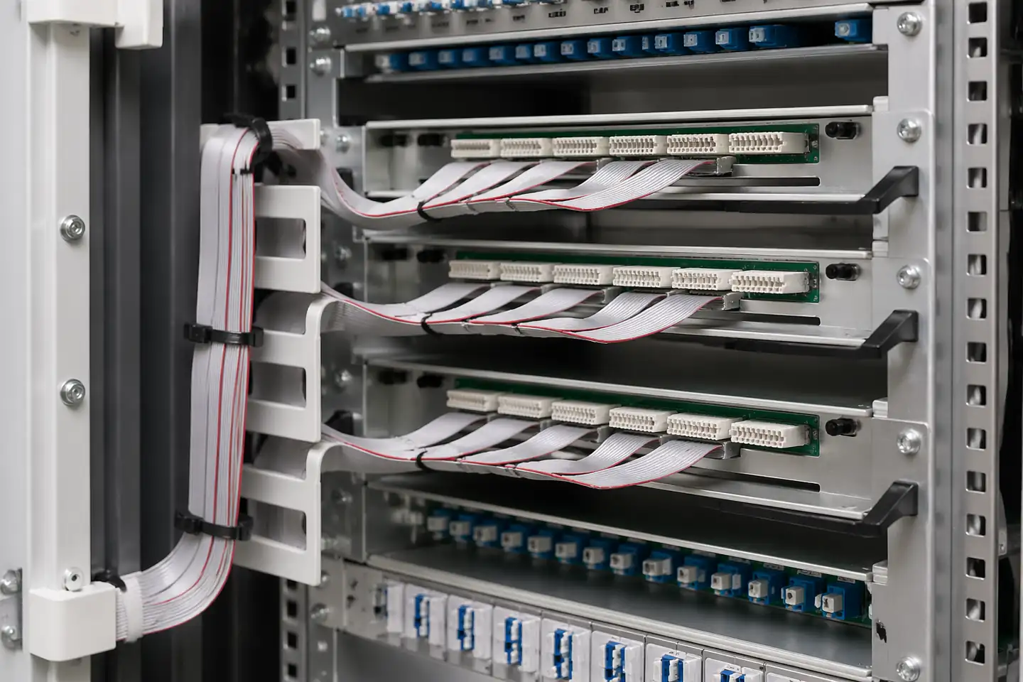 IDC ribbon cable assembly routed through a telecom enclosure with compact interface-extension context