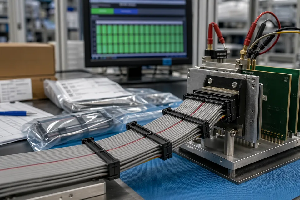 Telecom IDC interconnect continuity test bench with rack-card mockup and ribbon harness foreground