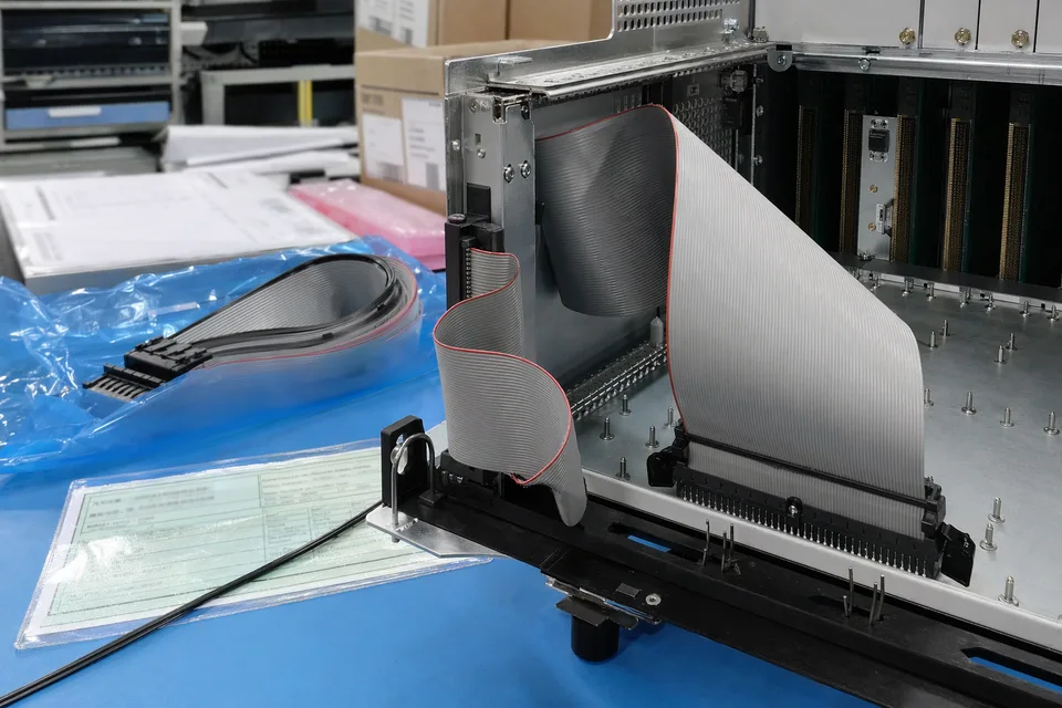 IDC backplane fit-check scene inside telecom equipment module with connector seating and cable path visible