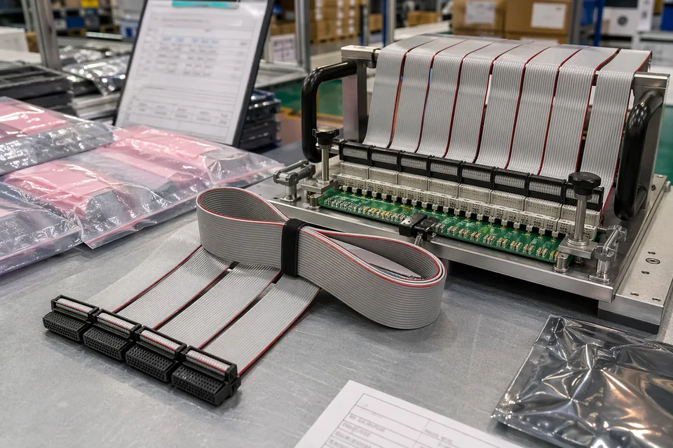 Telecom IDC quality verification fixture with multiple ports and controlled cable bend detail