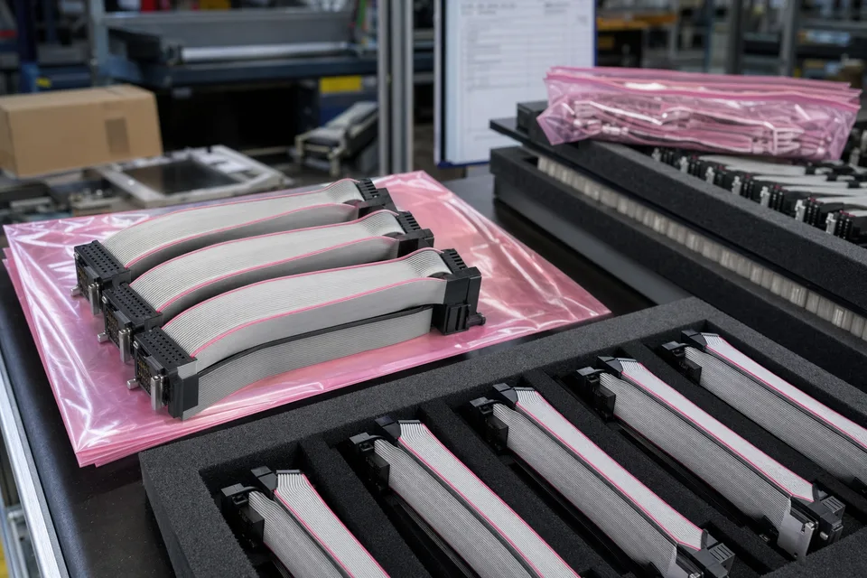Telecom IDC interconnect harnesses packed in ESD bags and foam trays for rack equipment production